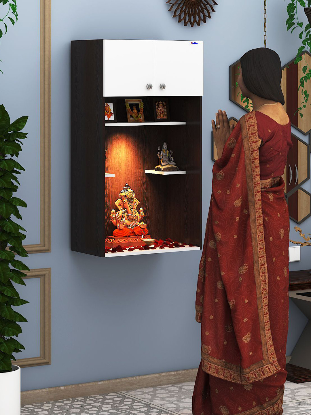 ANIKAA White & Maroon Divyam Mandir Wall Mount Home Temple