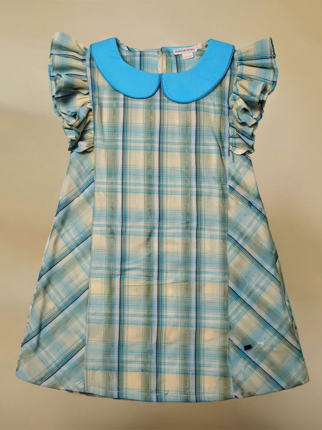 Purple United Kids Girls Checked Peter Pan Collar Flutter Sleeve Linen Lace A-Line Dress