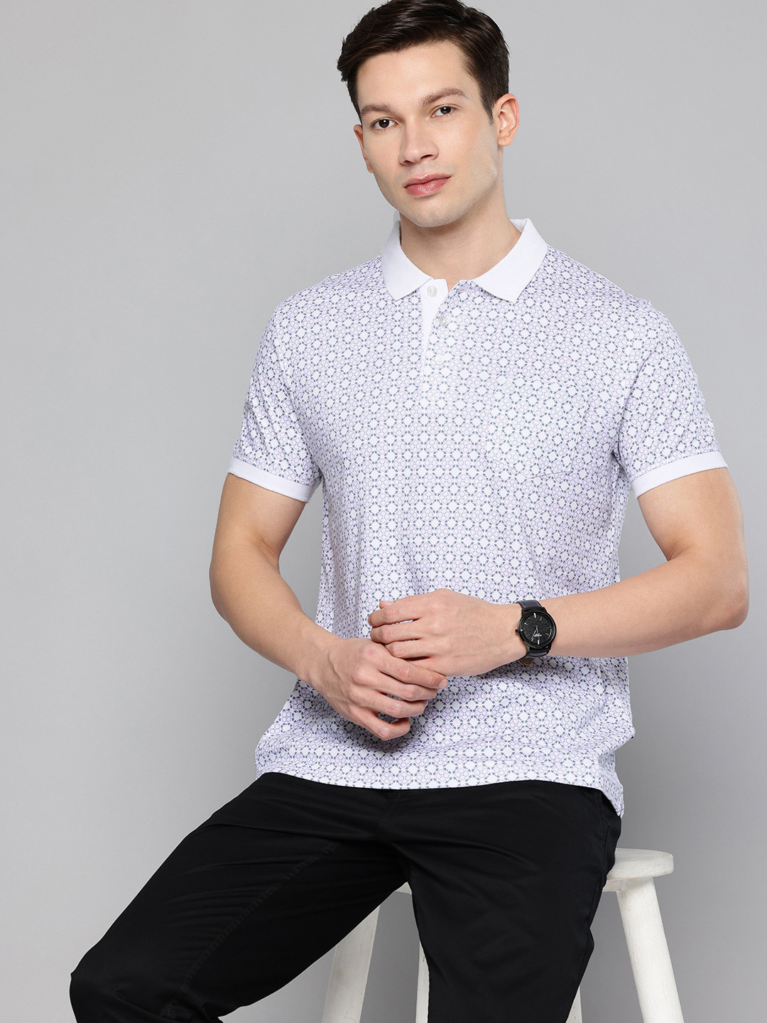 Indian Terrain Micro Disty Printed Polo Collar Pure Cotton T-shirt