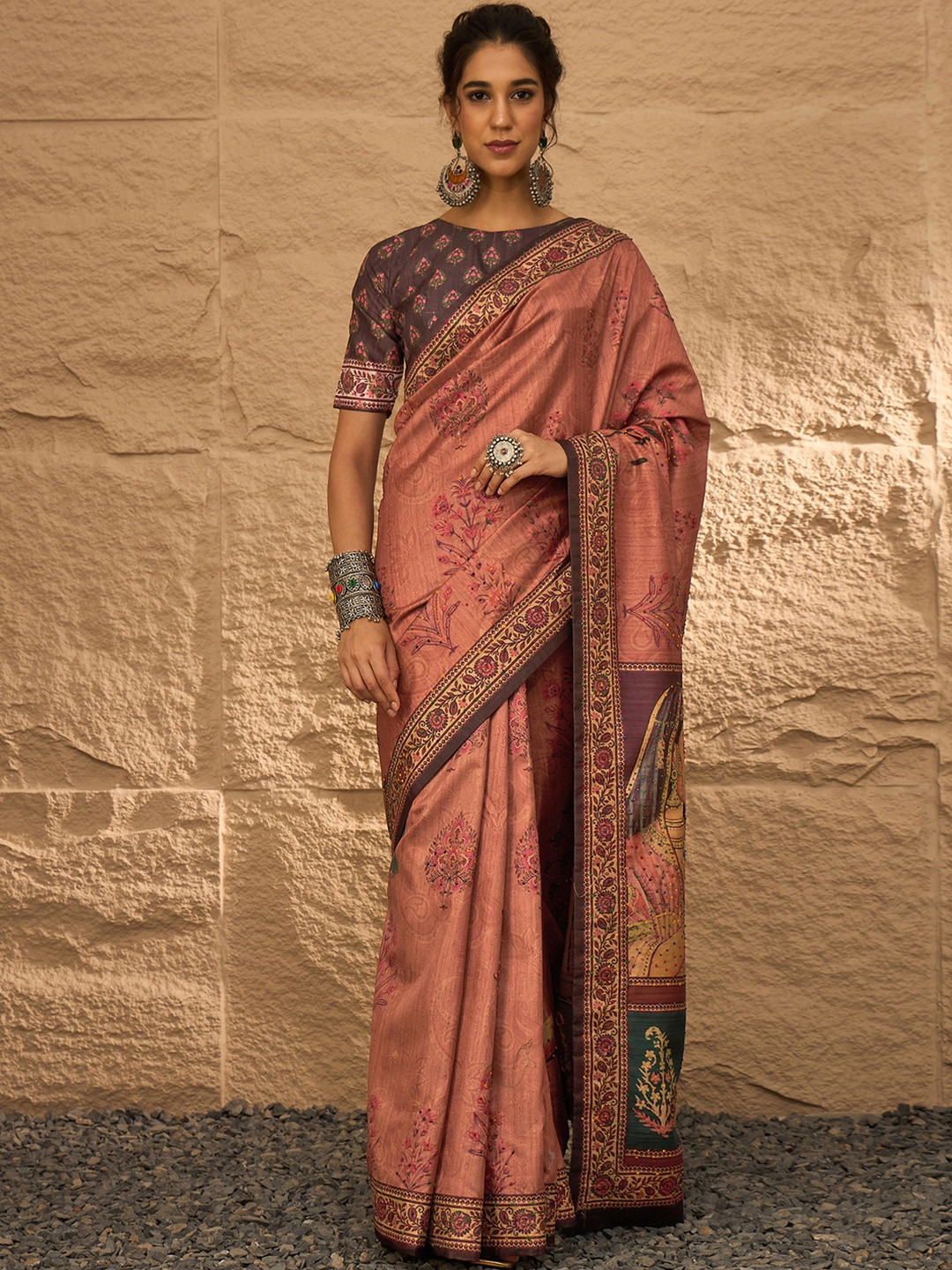Anouk Rust Silk Blend Printed Sarees