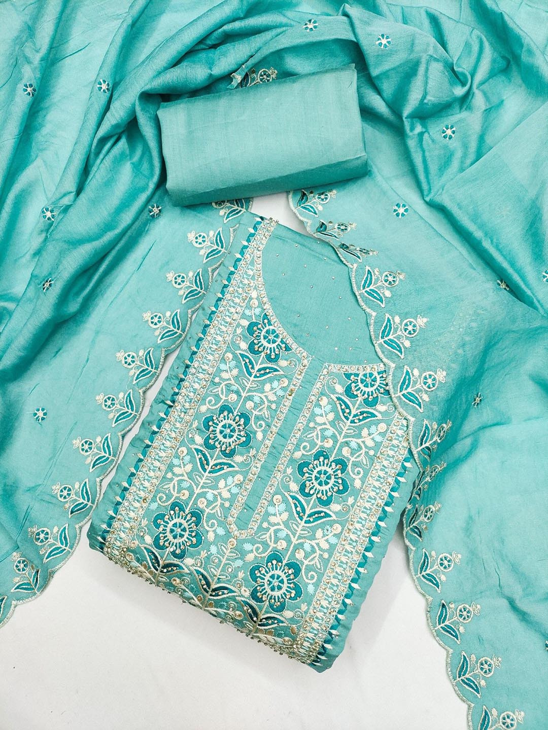 Panzora Floral Embroidered Roman Silk Thread Work Unstitched Dress Material