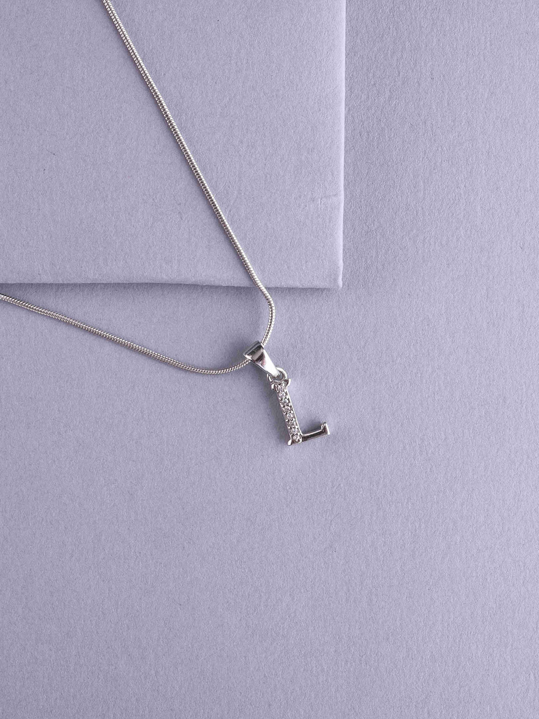 Dkeera Men Sterling Silver-Plated Cubic Zirconia Studded L Shaped Pendant with Chain