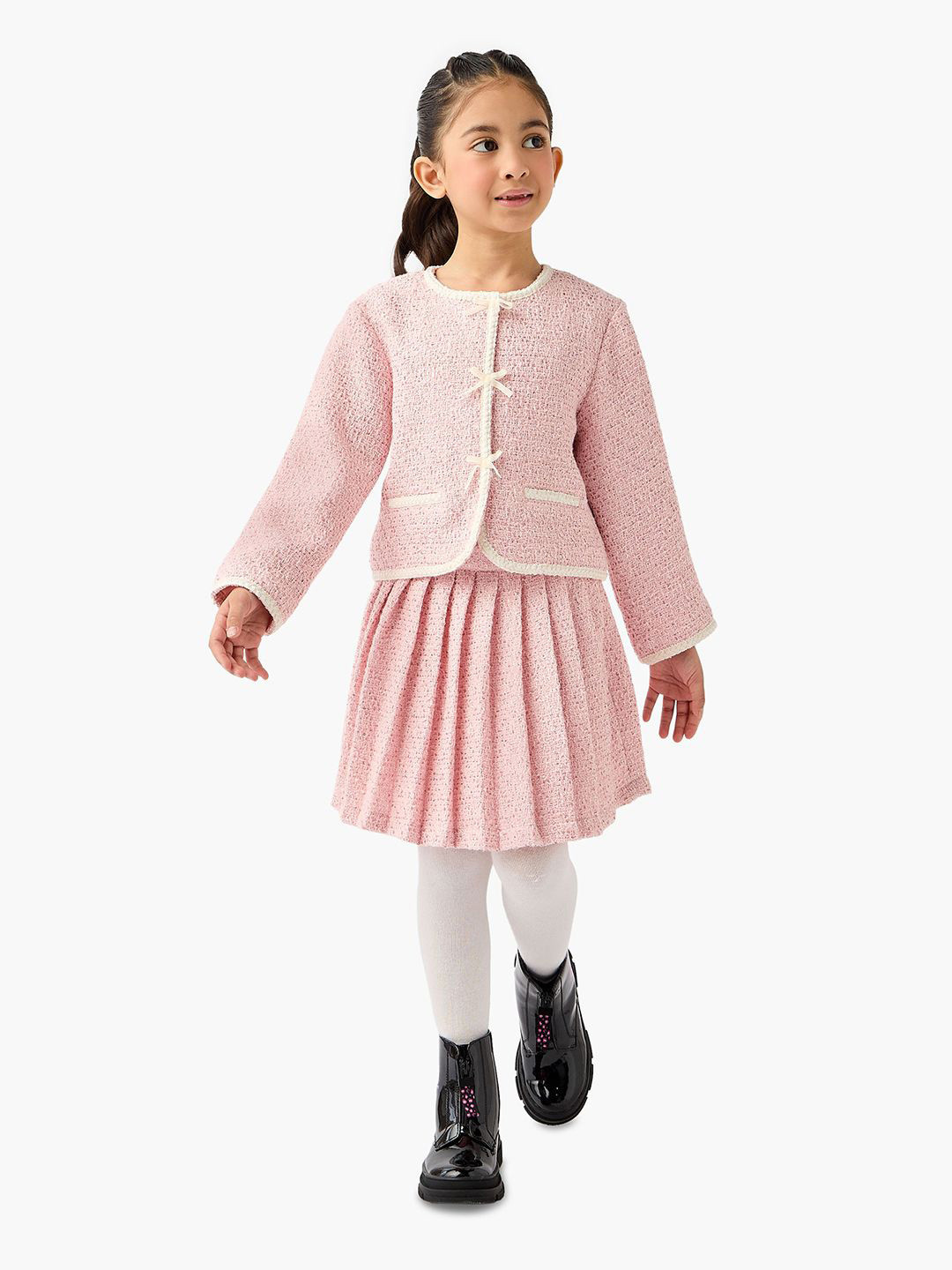 Juniors by Babyshop Girls Self Design Bow Accent Jacket With Pleated Skirt and Tights