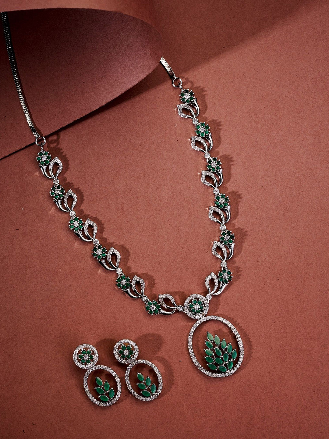 Opal Touch Rhodium-Plated Cubic Zirconia Stone-Studded Leaflet Motif Jewellery Set