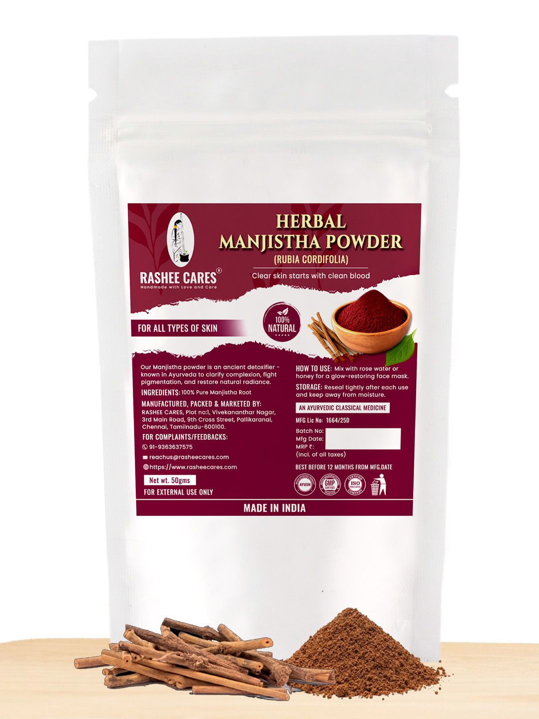 RASHEE CARES Herbal Manjistha Powder For Soothing Skin - 50 g