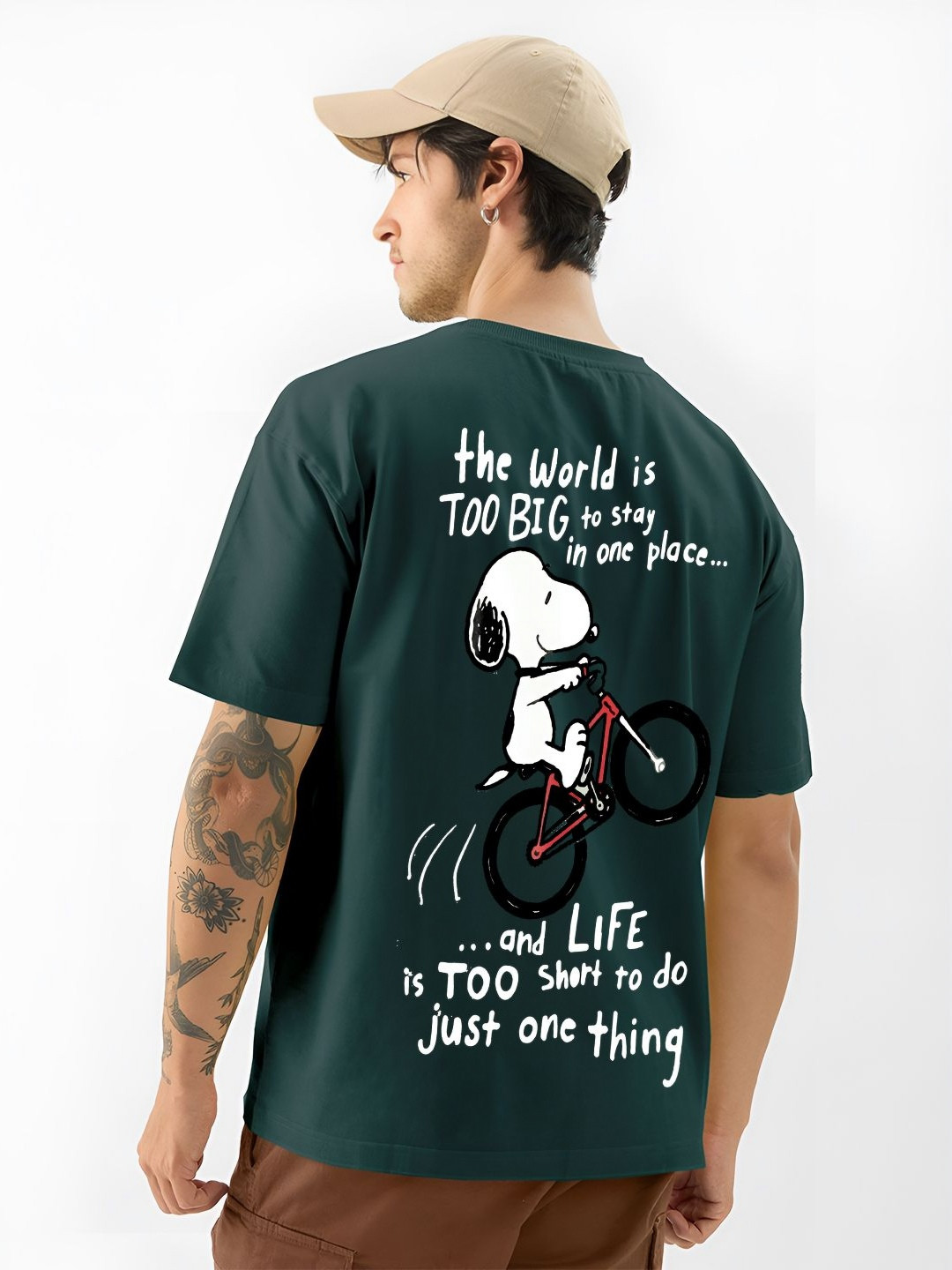 ANGERHOOD Graphic Snoopy Printed Drop-Shoulder Sleeves Oversized Cotton T-shirt
