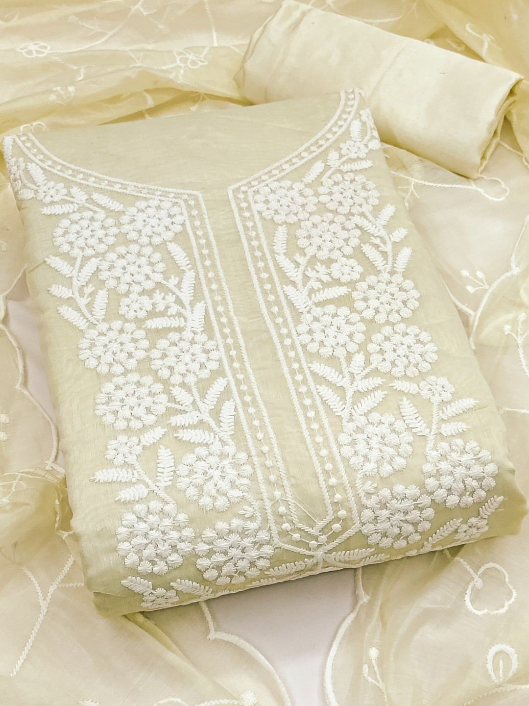 KALINI Women White Cotton Embroidered Unstitched Dress Material