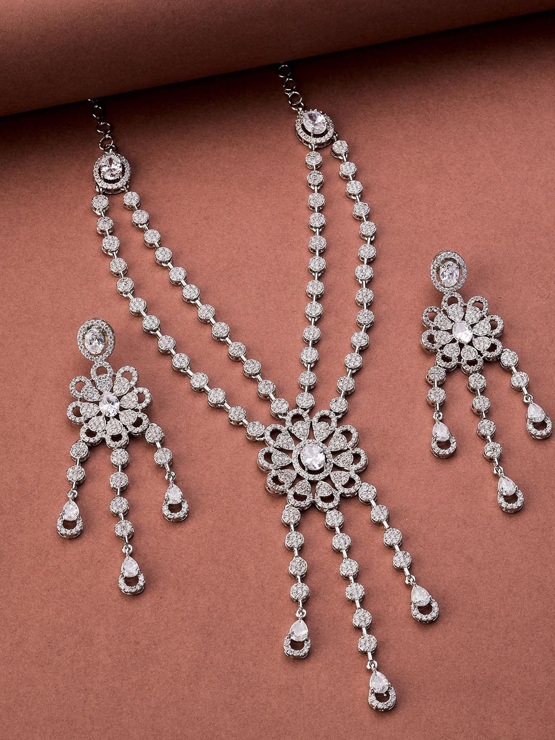 Opal Touch Rhodium-Plated Cubic Zirconia Stone-Studded Floral Trellis Jewellery Set