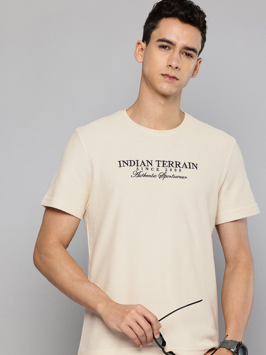 Indian Terrain Typography Embroidered Self Design Textured T-shirt