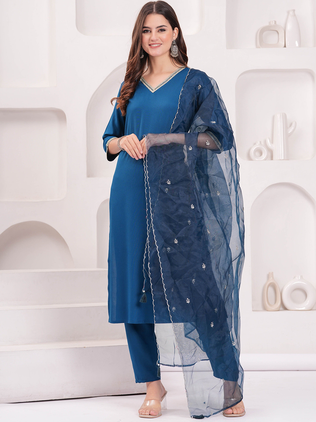 KEIYONA V-Neck Straight Kurta With Trousers & Dupatta