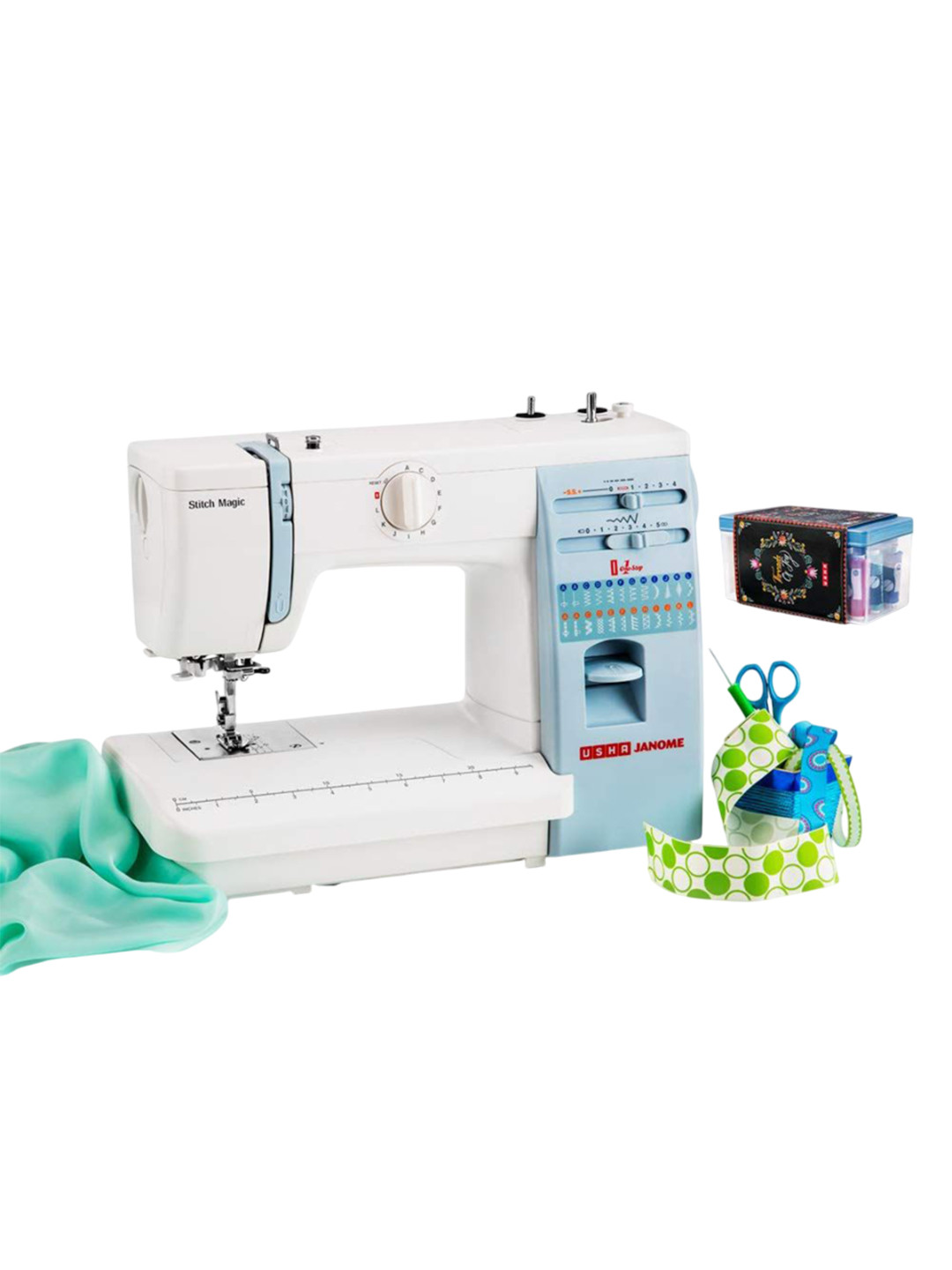 Usha Blue & White Janome Automatic Stitch Magic Sewing Machine With Free Sewing Kit