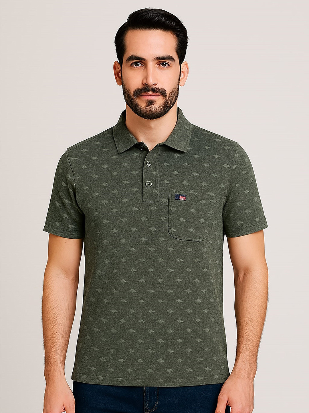 SANDPIPER Micro or Ditsy Printed Polo Collar Cotton Regular Fit T-shirt