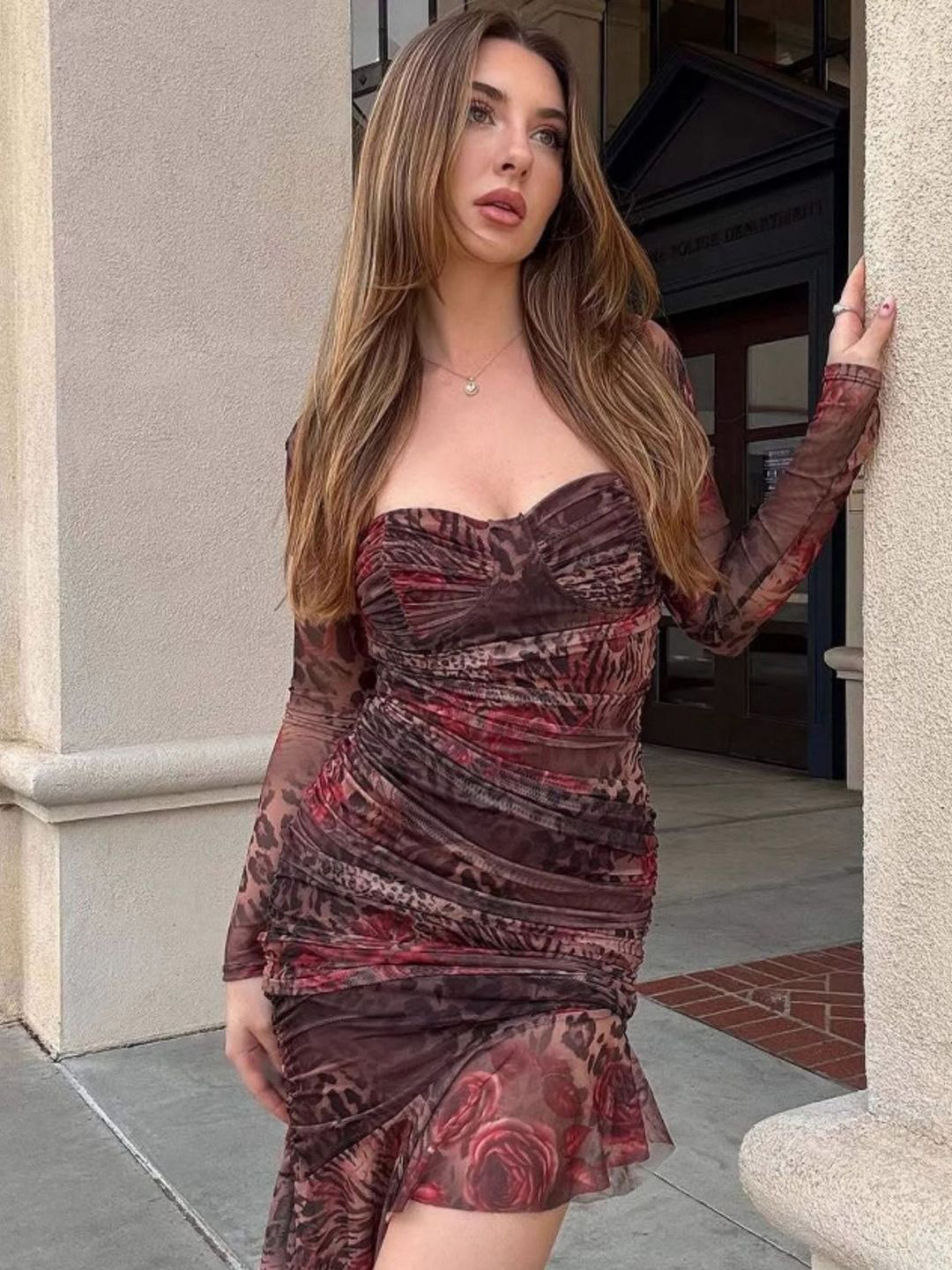 StyleCast Floral Printed Sweetheart Neck Long Sleeve Bodycon Mini Dress