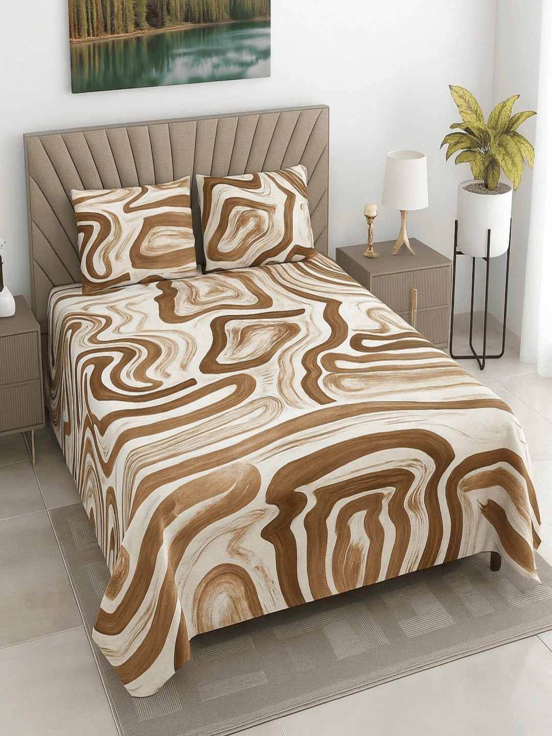 Threadwear White & Beige Printed Pure Cotton 400 TC Super King Bedsheet Set 2.75m x 2.75m