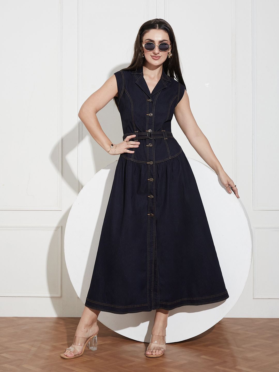 Miss Chase Notched-Collar Sleeveless Solid Drop Waist Maxi-Length Denim Shirt Dress