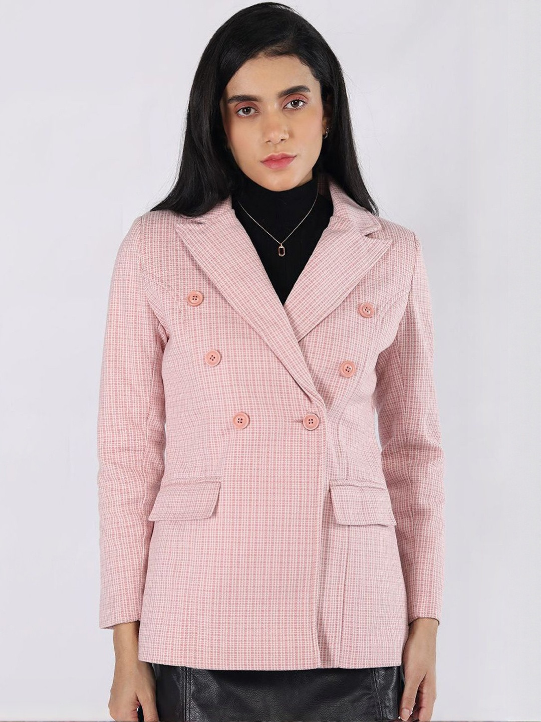 Roadster Women Pink Checked Notched Lapel Collar Pea Coat