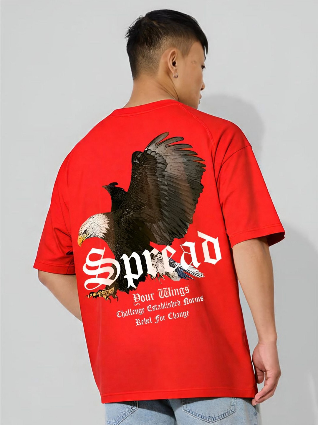 ANGERHOOD Graphic Eagle Printed Drop-Shoulder Sleeves Oversized Cotton T-shirt