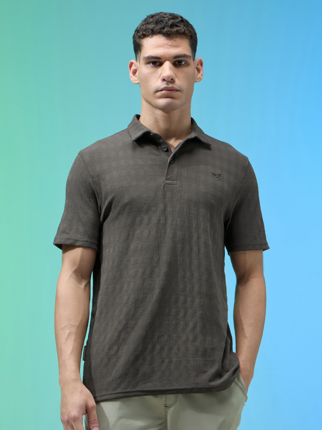 Technosport Geometric Textured Anti Static Jacquard Slim Fit Sports T-shirt With Cotflex