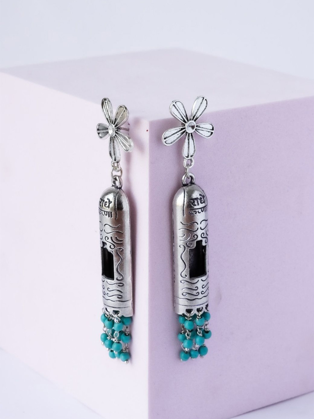 Shrim jewels Brass-Plated Turquoise Beaded Oxidised Floral Shaped Drop Earrings