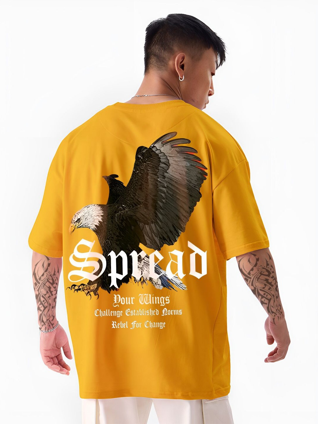 ANGERHOOD Graphic Eagle Printed Drop-Shoulder Sleeves Oversized Cotton T-shirt
