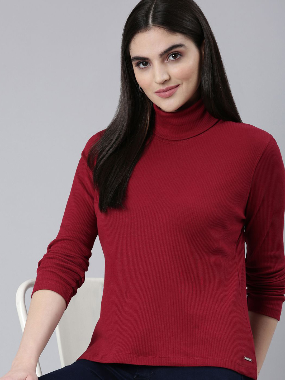 TWIN BIRDS Ribbed Turtle Neck Full-Sleeve Cotton T-Shirt