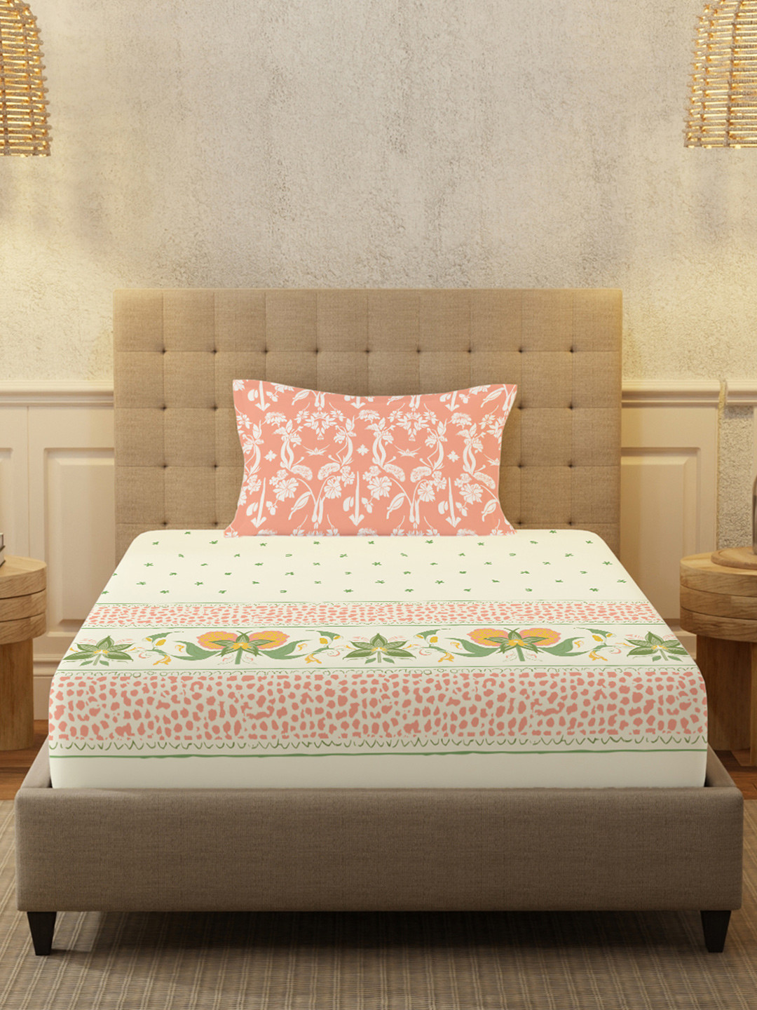 URBAN SPACE Bloom Peach Floral Printed Cotton 200 TC Single Bedsheet With 2 Pillow Covers