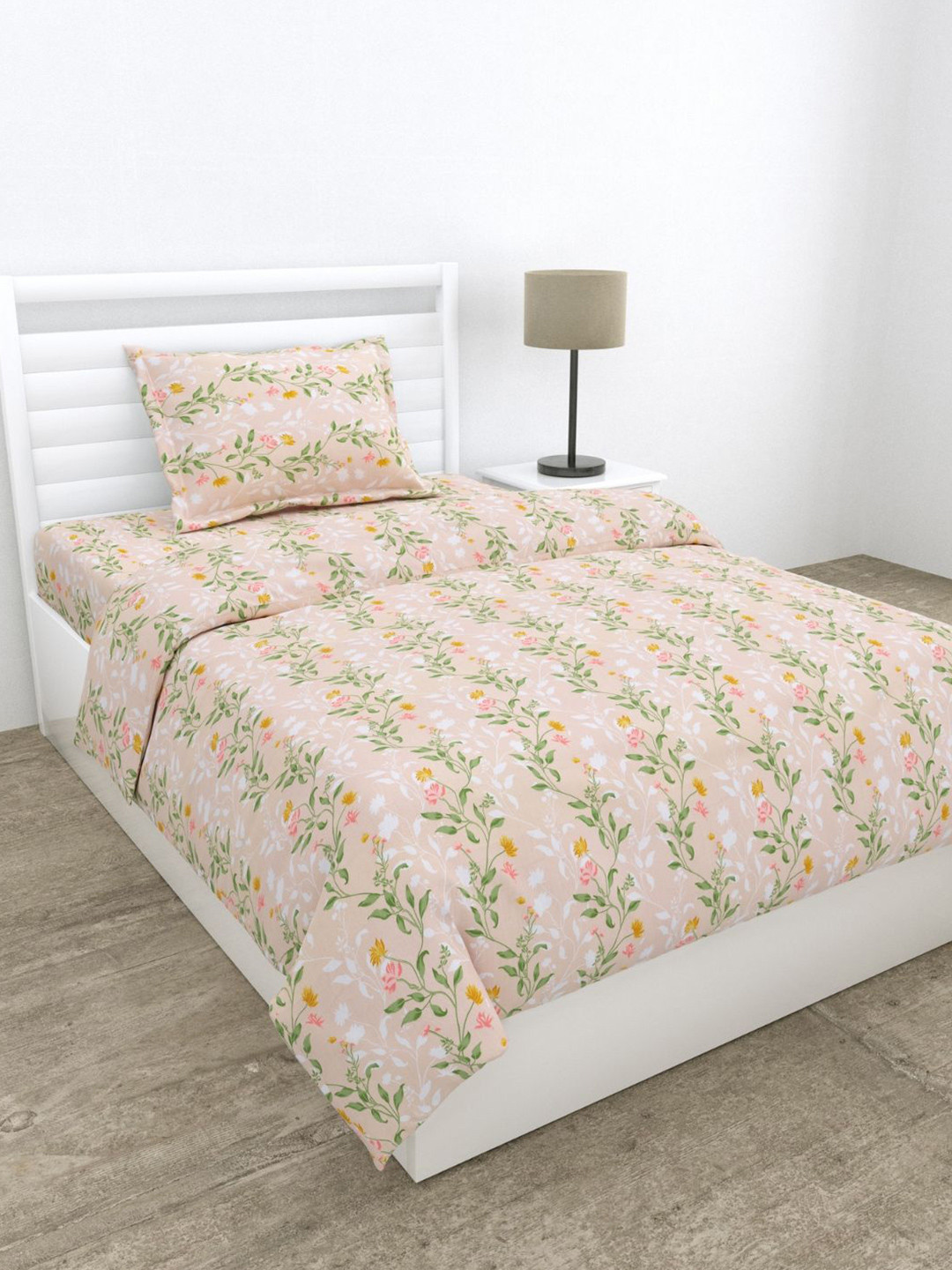 haus & kinder Noctiflora Pink Printed Pure Cotton 186 TC Single Bedsheet Set 1.53 x 2.55m