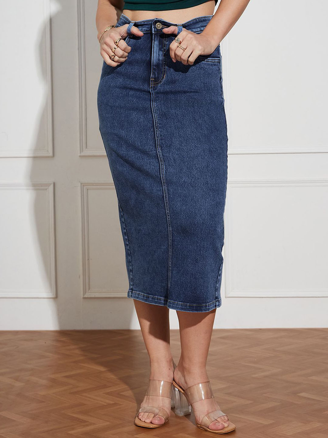 Miss Chase Women High Rise A-Line Midi Denim Skirt With Back Slit