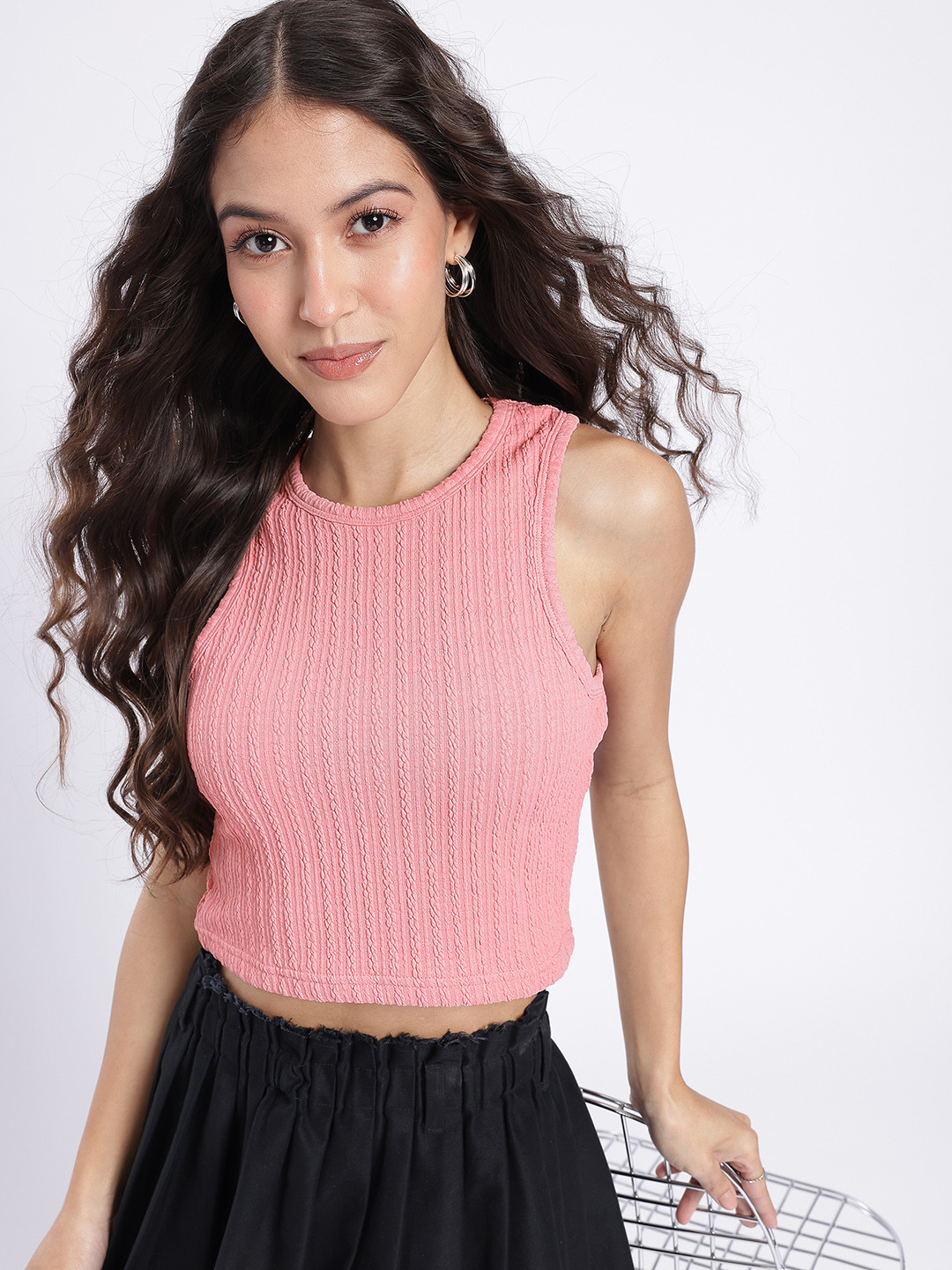 SZN Pink Textured Sleeveless Crop Top