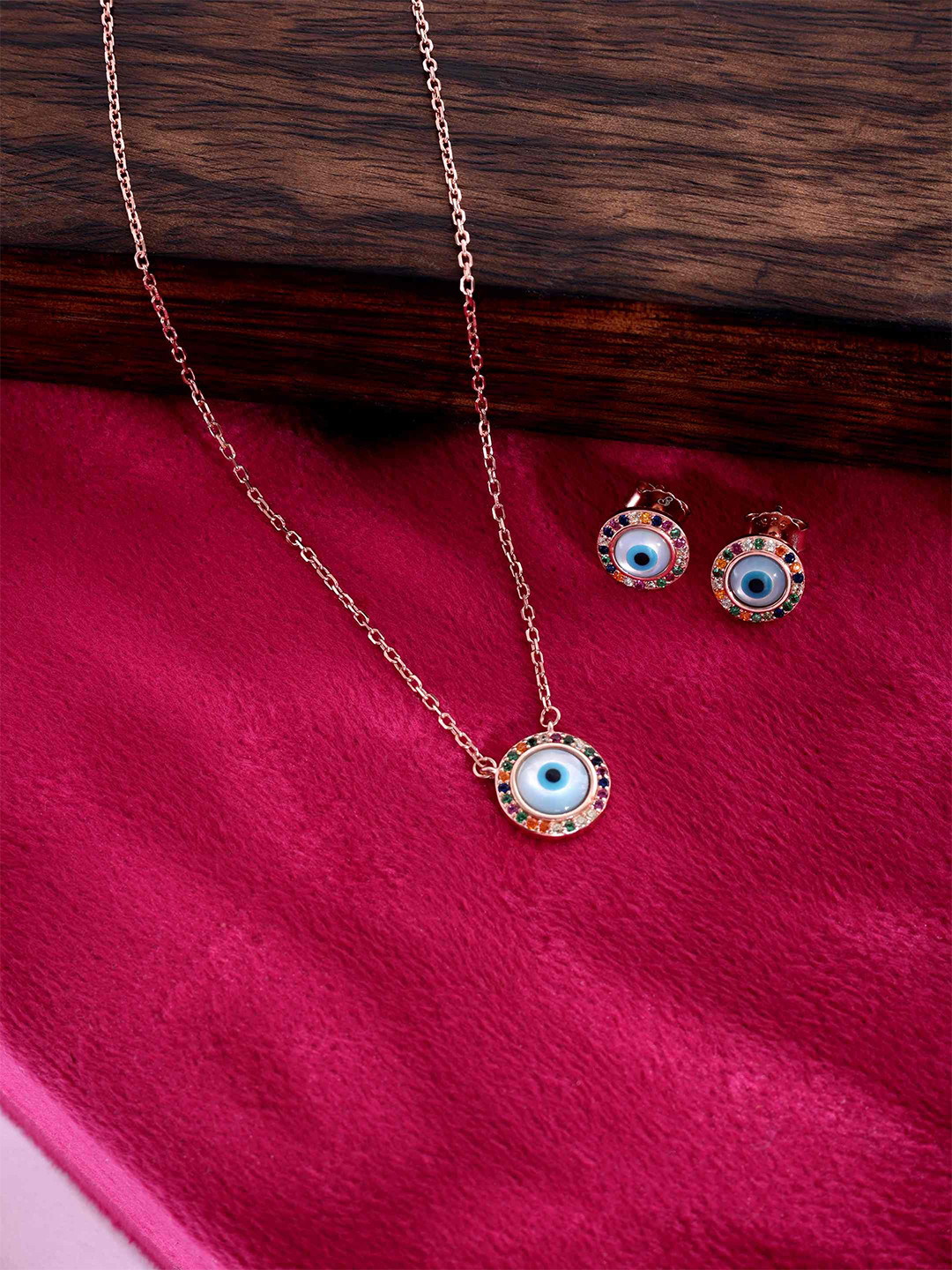 DIAVO 925 Sterling Silver Rose Gold-Plated Zircon-Studded Halo Of Protection Jewellery Set