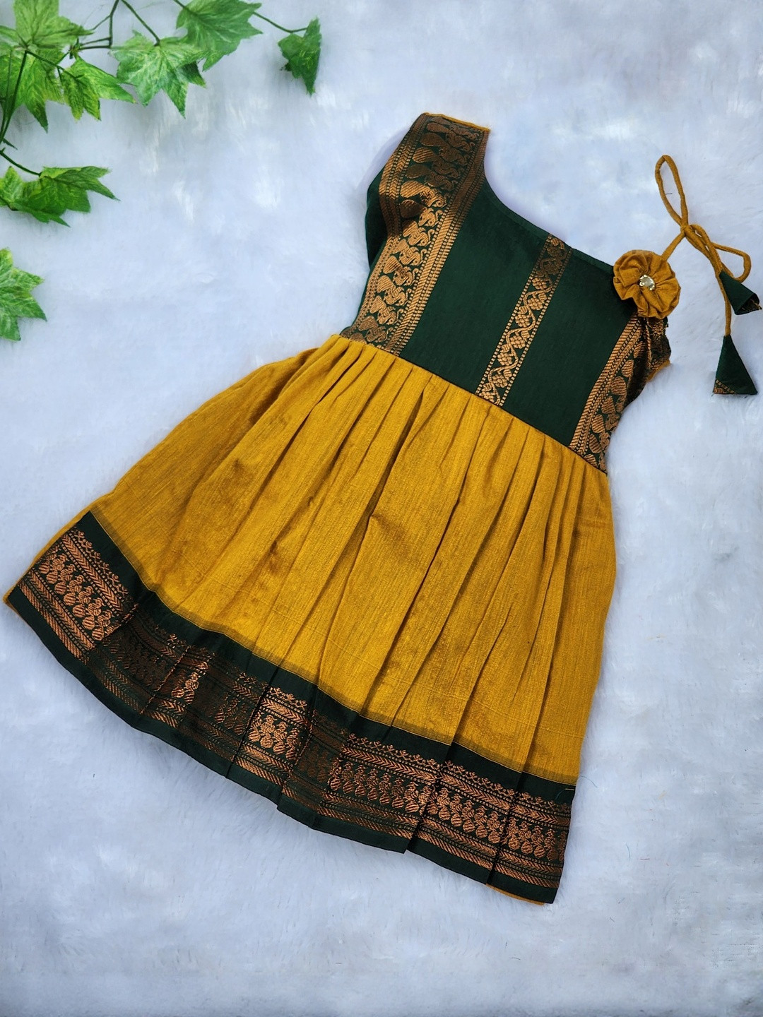 Amba Collection Boutique Girls Yellow & Green Traditional Kalyani Cotton Flower Knot Frock