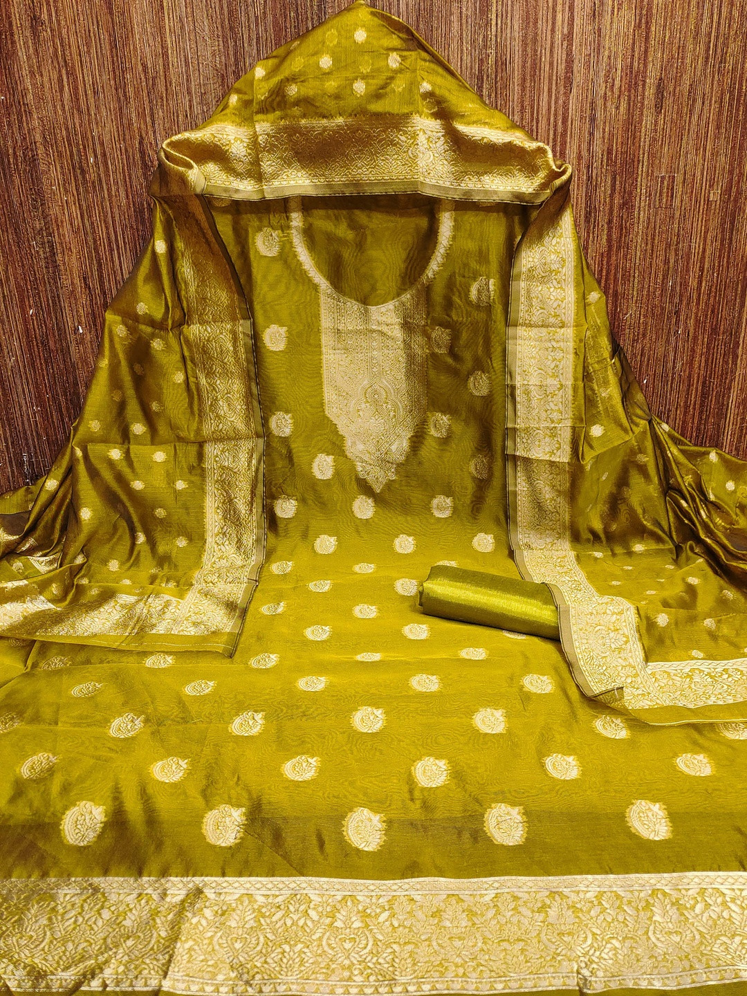KALINI Women Green Simmer Silk Woven Unstitched Dress Material