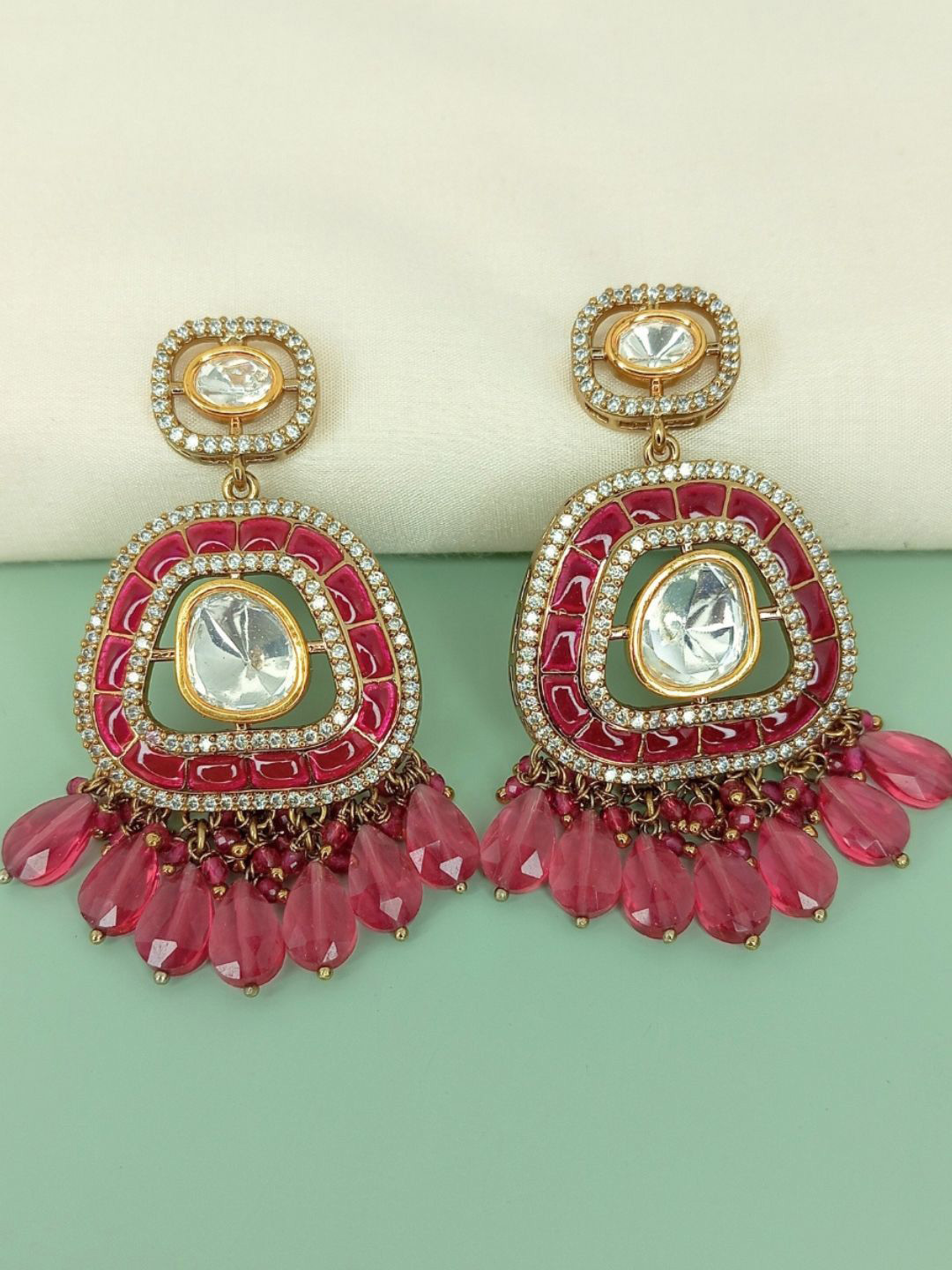 IKSAVA Gold-Plated Kundan Studded & Beaded Square Shaped Chandelier Drop Earrings