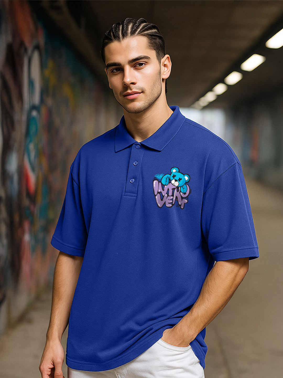 VEIRDO Men Blue Detail Print Drop-Shoulder Pure Cotton Oversized Polo T-shirt