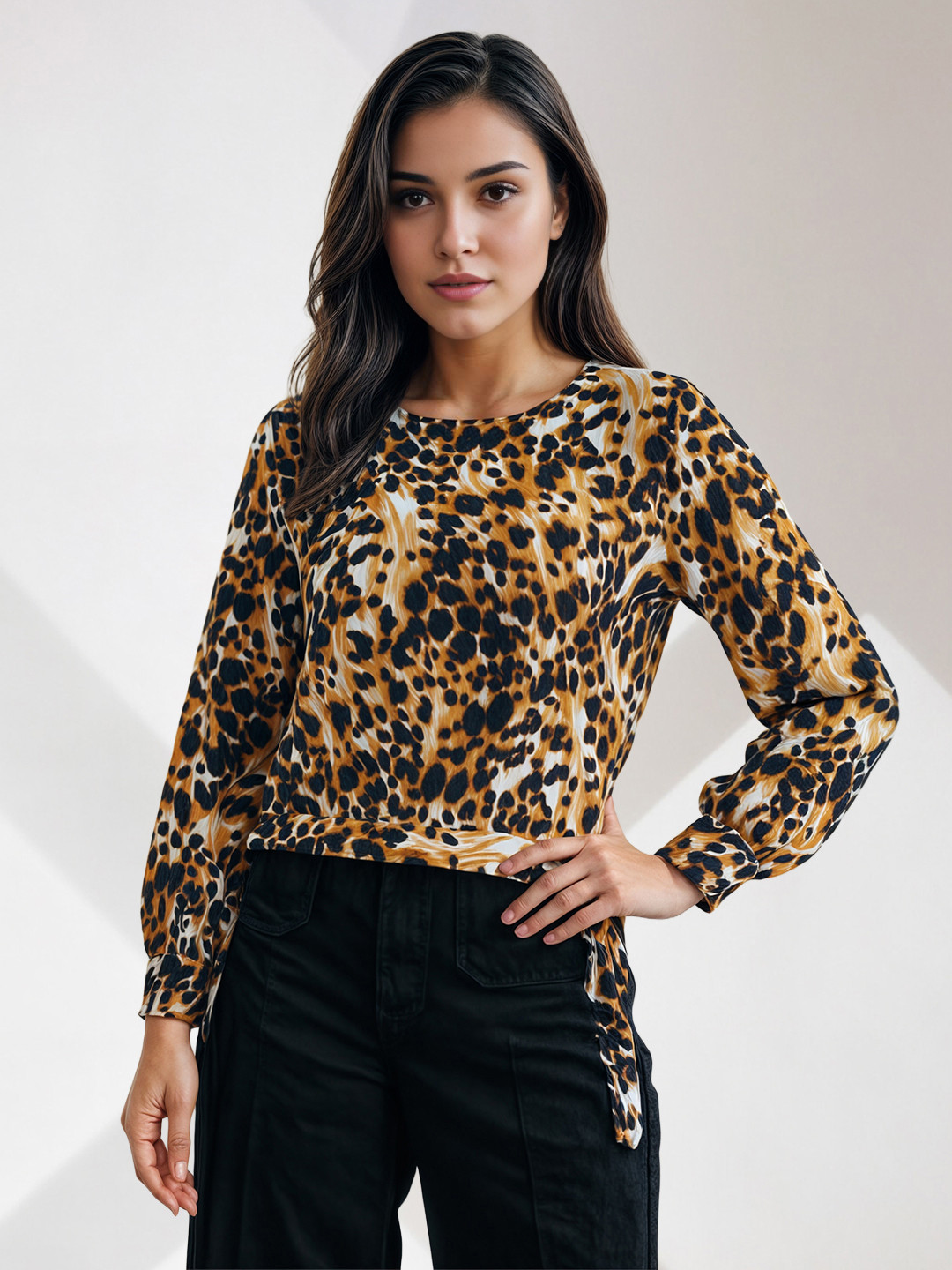 encore by INVICTUS Animal Printed Cuffed Sleeves Waist Tie-Ups Top