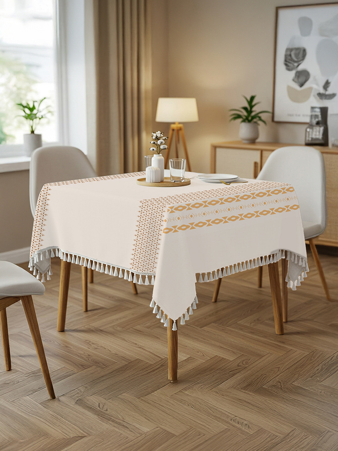 URBAN SPACE Cream-Colored & Brown Geometric Printed Cotton Square Table Covers