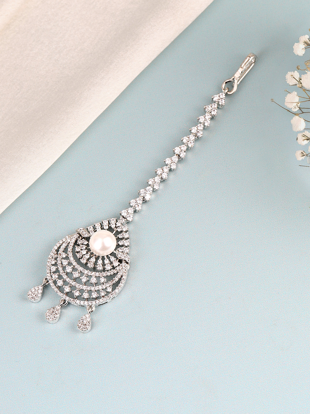 Peora Silver-Plated Crystals Studded Maang Tikka Head Jewellery