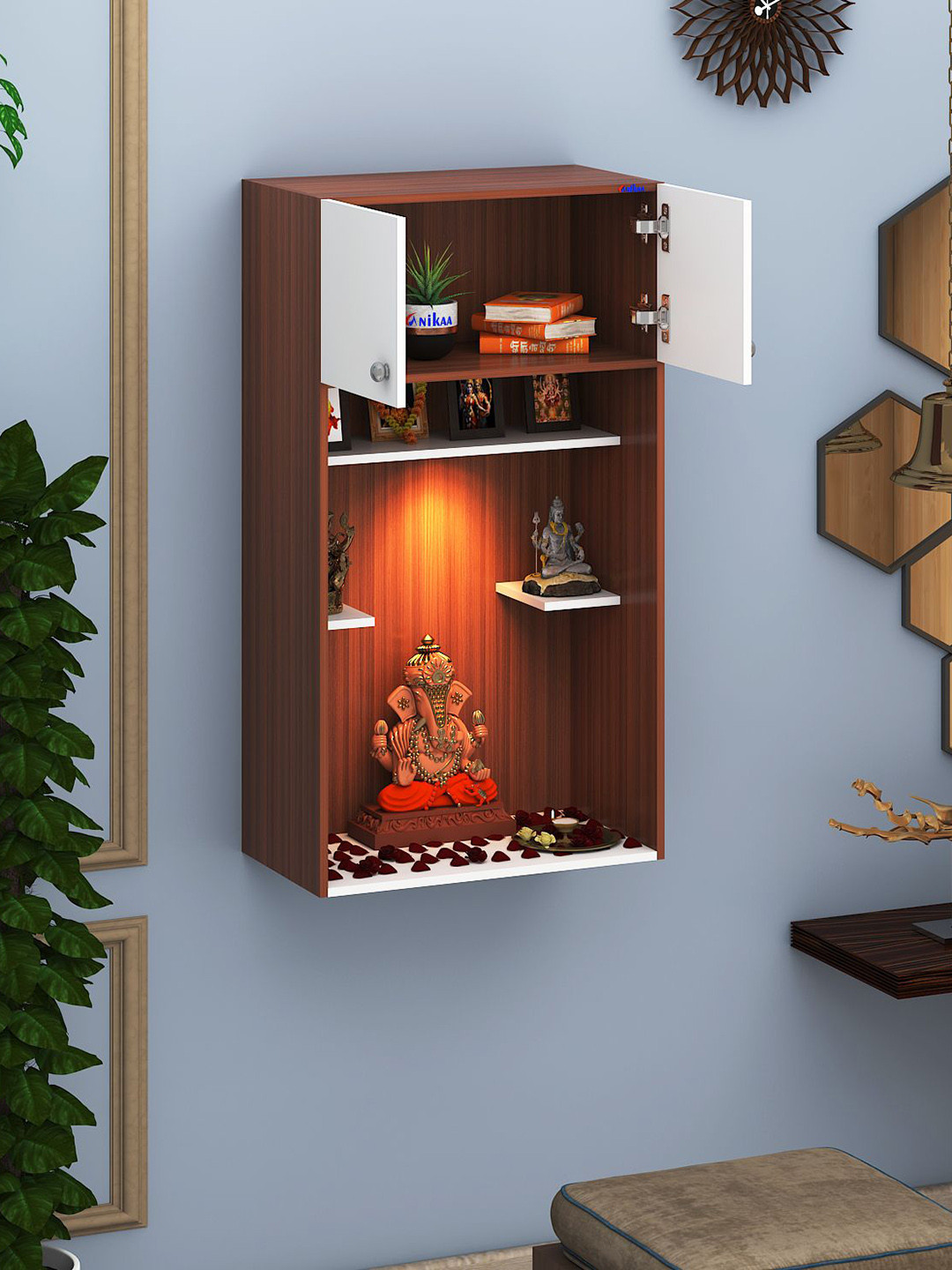 ANIKAA White & Brown Wall Mount With Led Light Home Temple