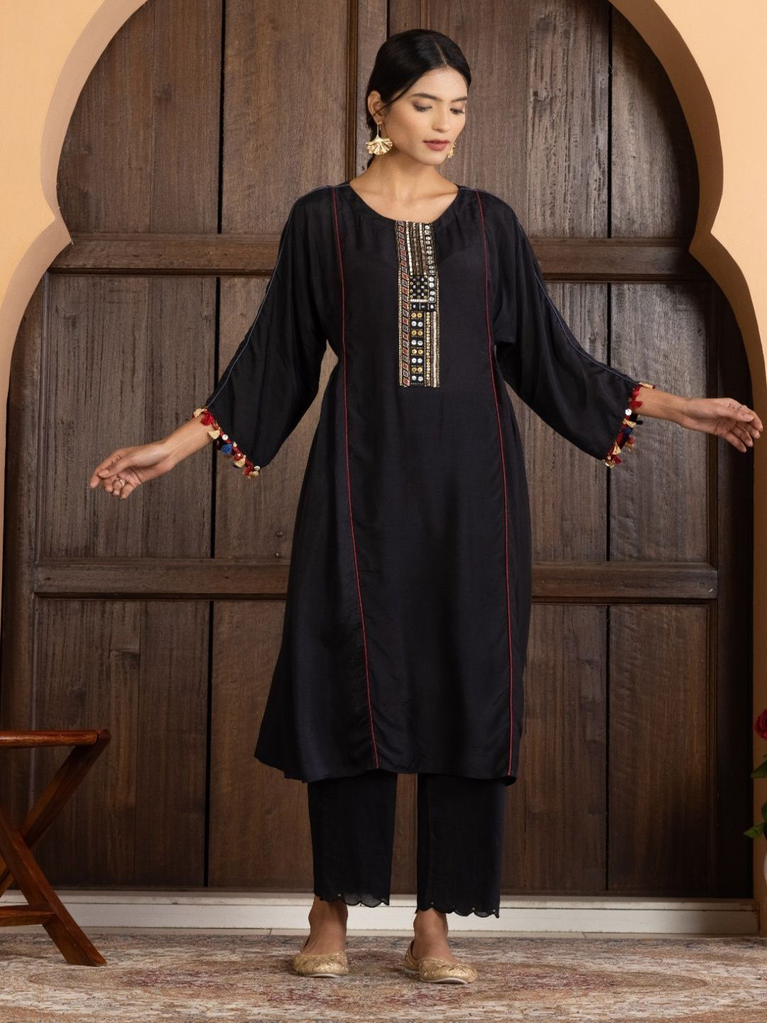 Haavi By Purab Striped Flared Sleeves Thread Work A-Line Kurta