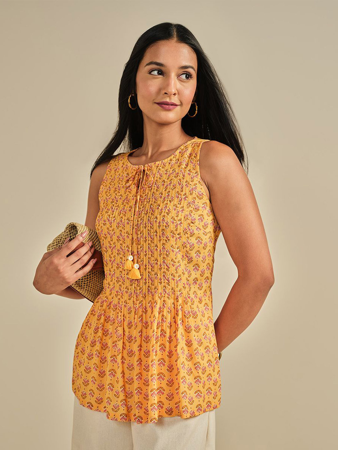 Global Desi Floral Printed Tie-Up Neck Modal Peplum Top