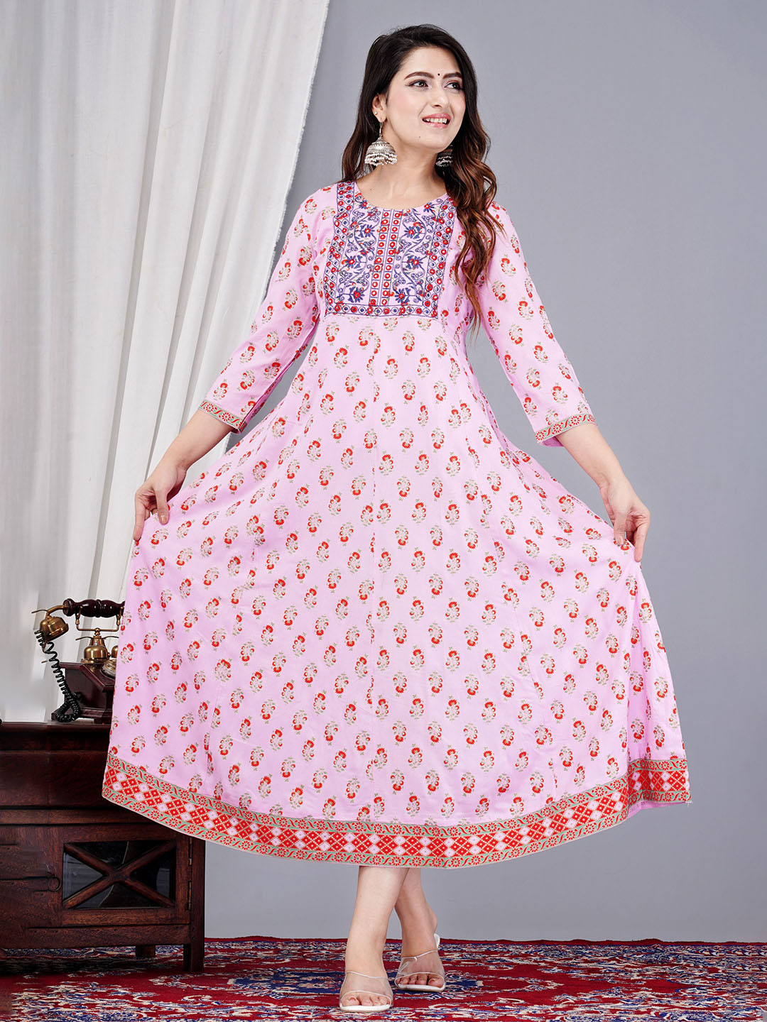 ZELA Floral Printed Round Neck Anarkali Ethnic Dress