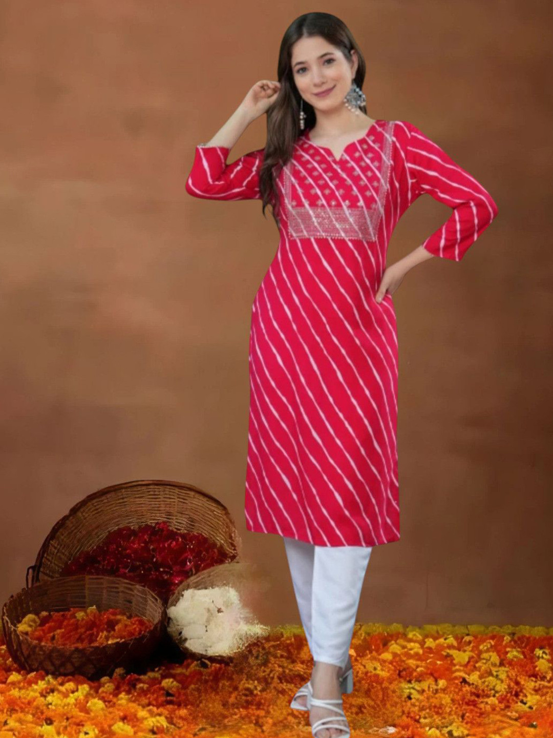 Nibhao Leheriya Printed Notch Neck Straight Kurta