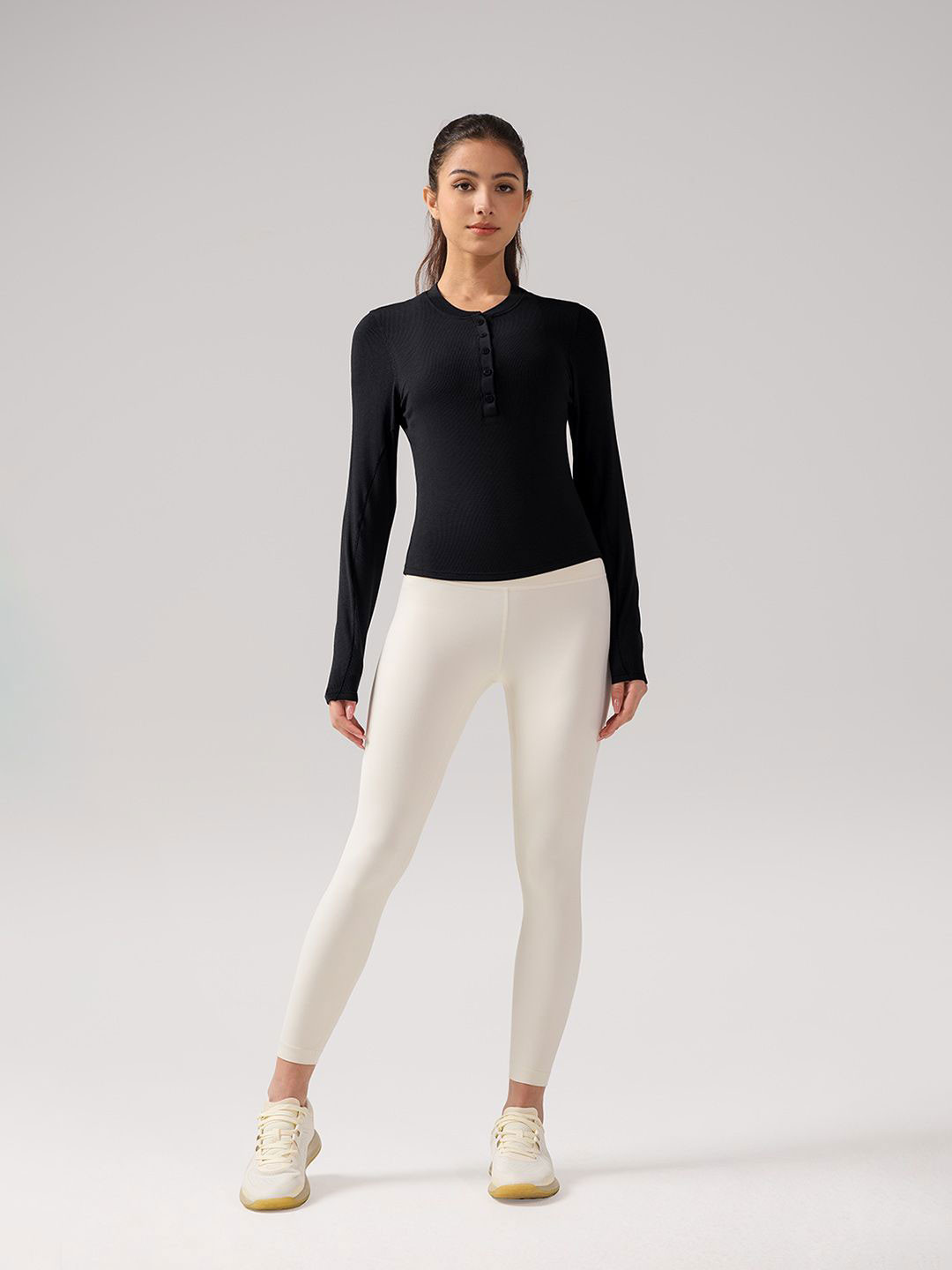 JC Collection Ribbed Henley Neck Long Sleeves Fitted Top