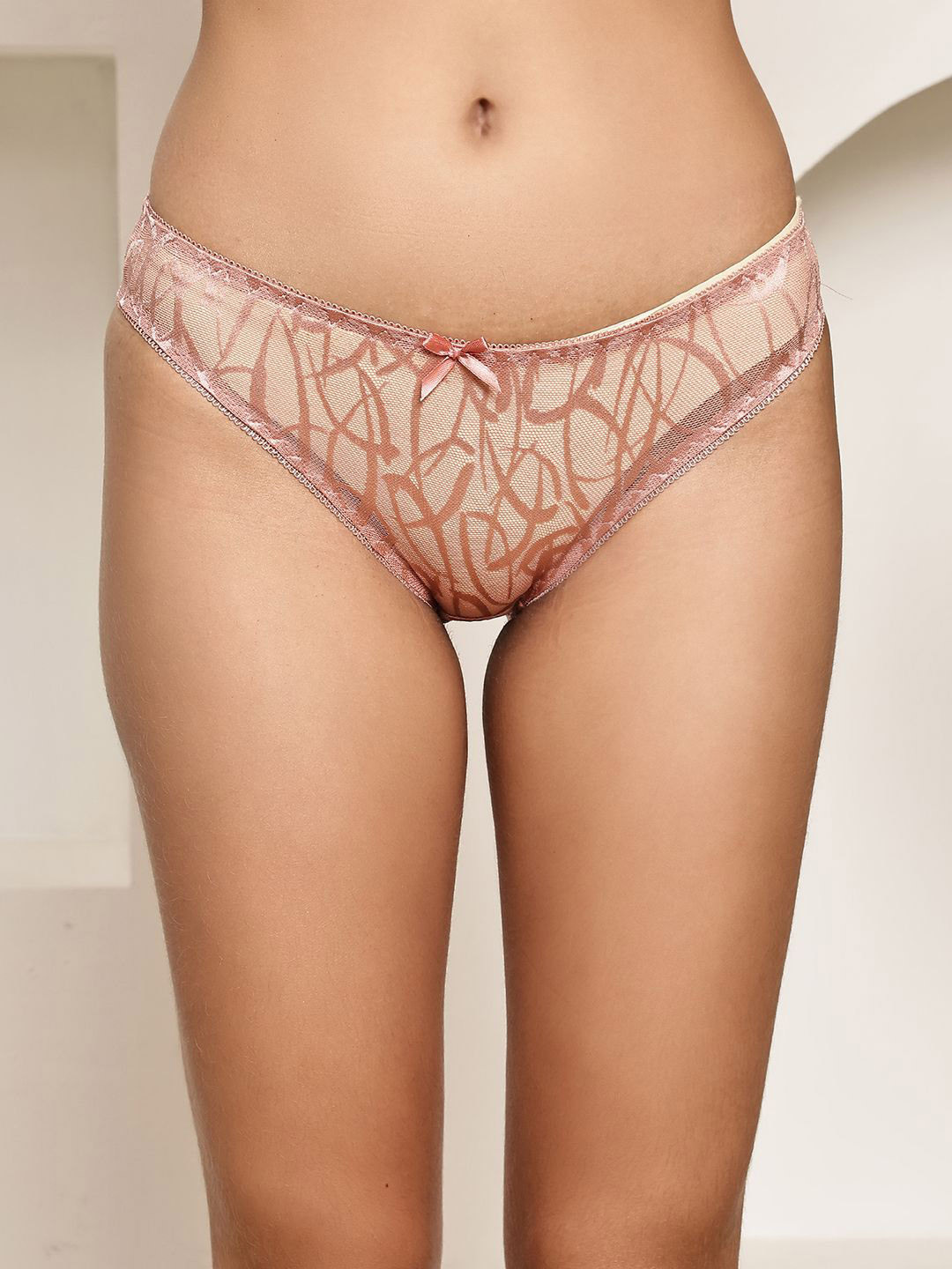 Quttos Women Sheer Mesh Abstract Printed Mid-Rise Brief