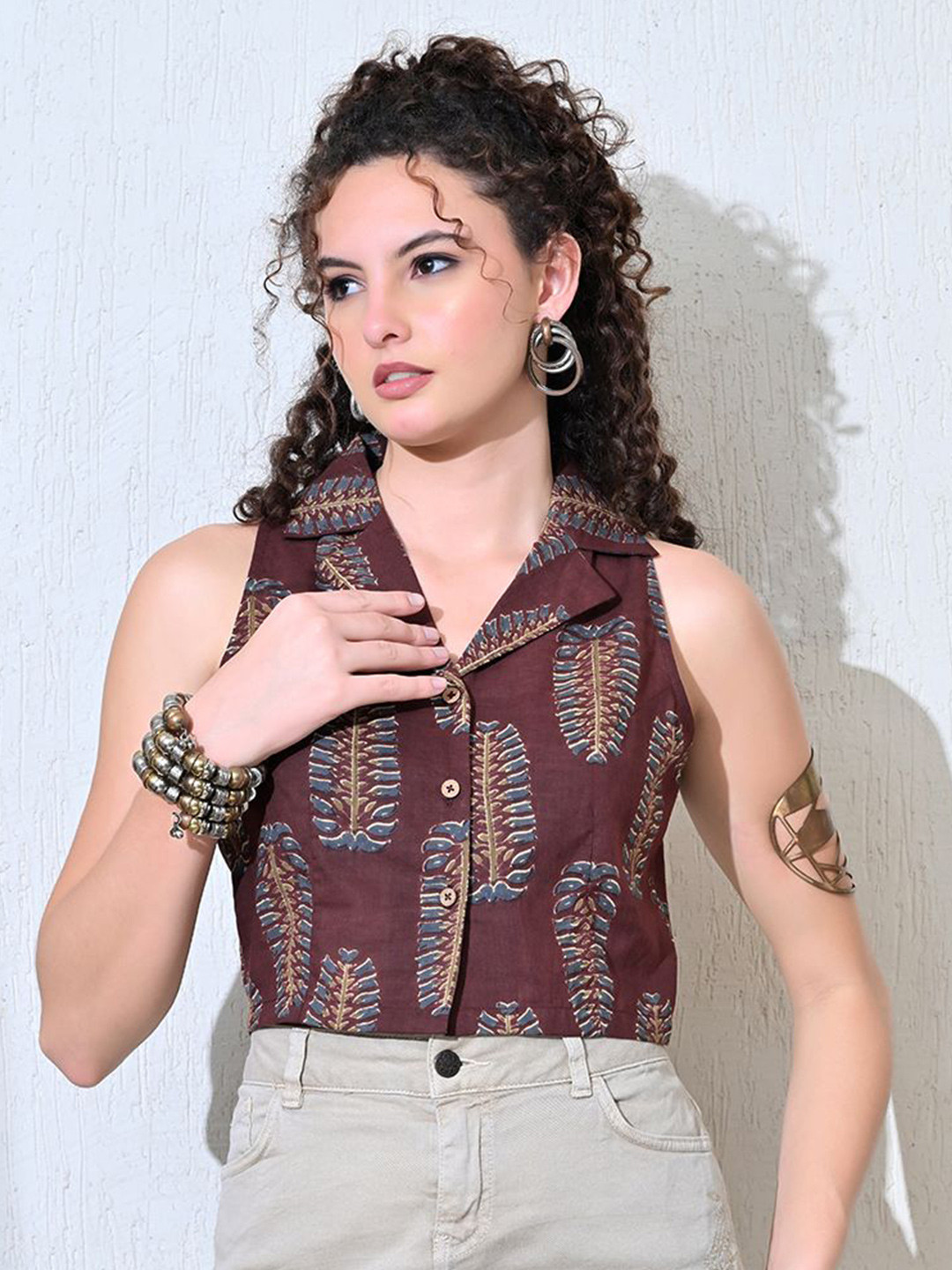 KALAMIR Sienna Floral Printed Lapel Collar Cotton Shirt Style Top