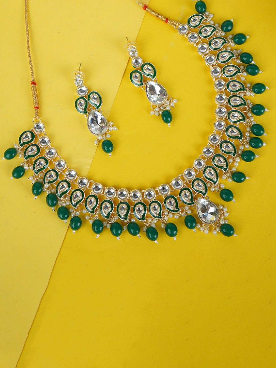 Divisha Gold-Plated Stone Studded & Beaded Meenakari Necklace & Earrings With Mangtika