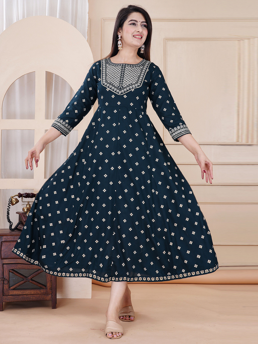 ZELA Ethnic Motifs Printed Round Neck Anarkali Ethnic Dress
