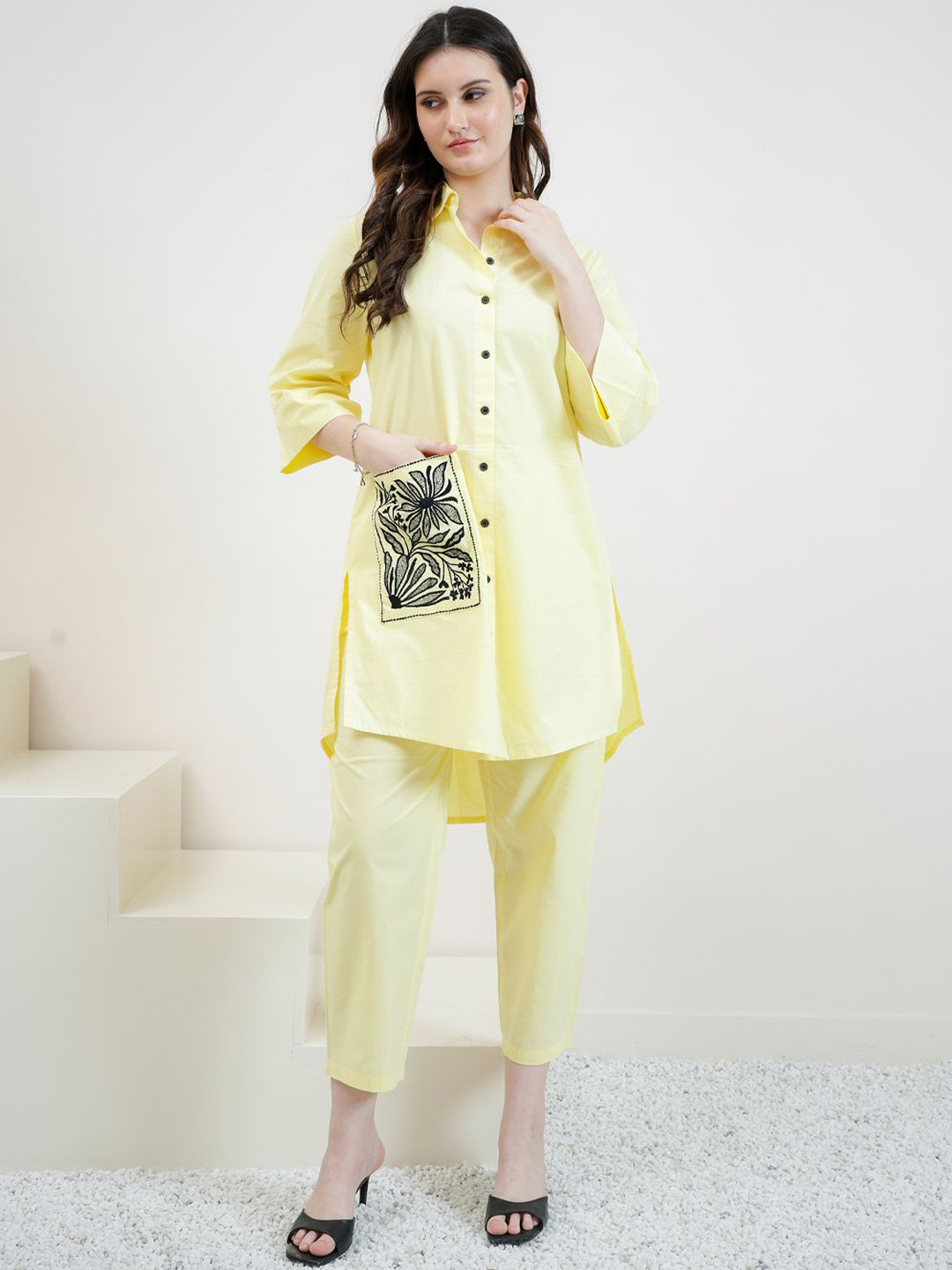 Athena Florak Embroidered Shirt Collar Patchwork Pure Cotton Kurta With Trousers