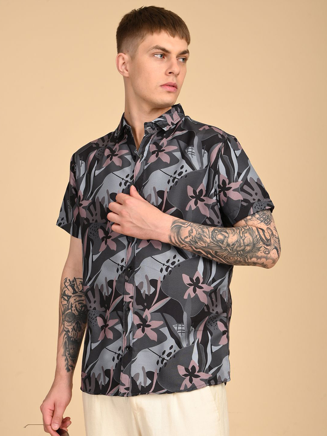 Grey and Blue Floral Printed Spread Collar Regular Fit Shirt