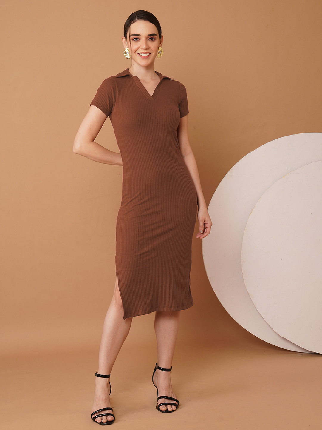 Chemistry Striped Self Design Shirt Collar Sheath Midi Dress